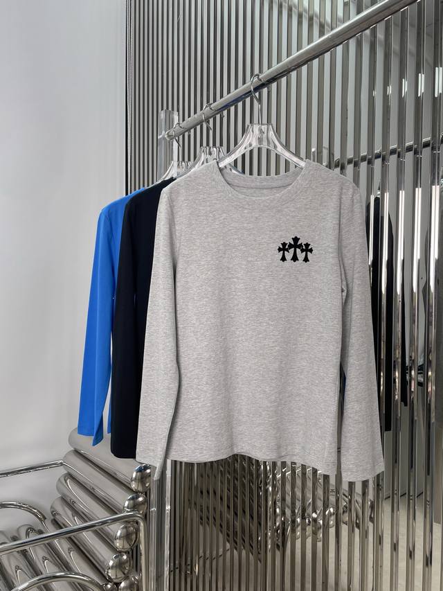 Real Shot Latest Ch 25New Flocking Print Long-Sleeved T-Shirt Color Blue Gray Bl