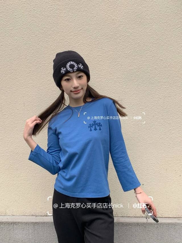 New Latest Ch 25New Flocking Printed Long Sleeve T-Shirt Color Blue Gray Black S