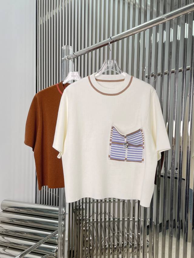 Real Shot Latest H 25New Pocket Knitted Short-Sleeved Top Size Sml