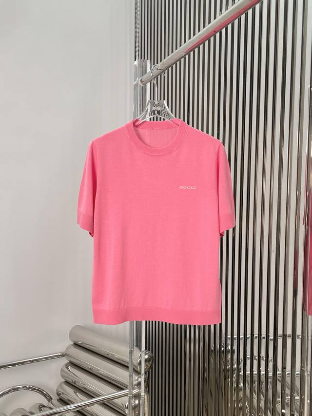 Real Shot Latest Gu 25New Pink Knitted Short-Sleeved Top Size Sml