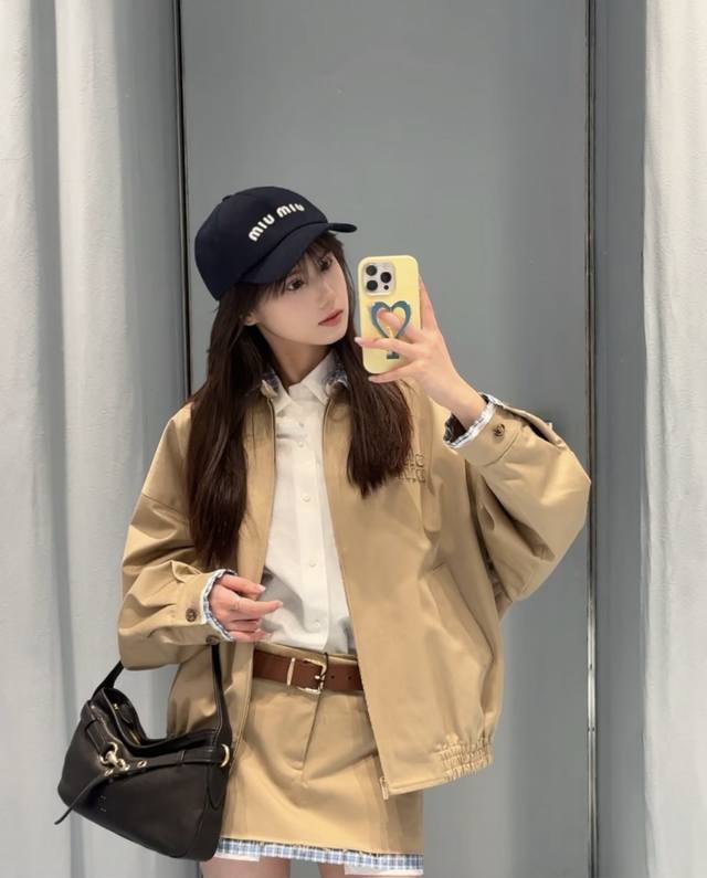 New Latest Miu 25New Plaid Collar Contrast Khaki Jacket + Skirt Size Sml P Jacke
