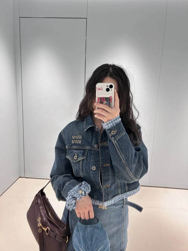 New Latest Miu 25New Plaid Patchwork Denim Jacket Size Sml