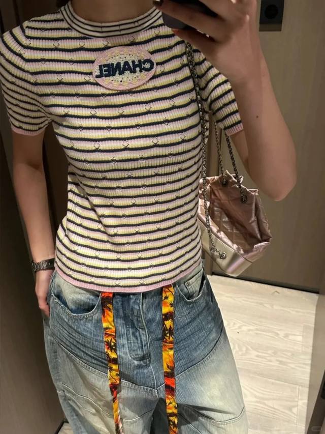New Latest Ch 25New Badge Rainbow Stripe Short Sleeve Knit Top Size Sml