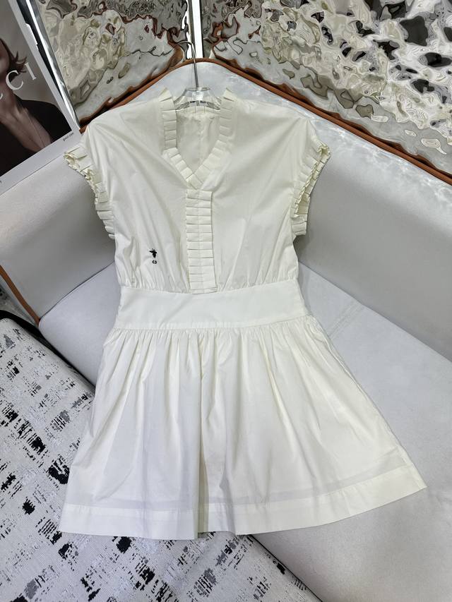 dior*2025 Summer New V-Neck Ruffle Sleeve Shirt Dress Waist Bee Embroidery Fr