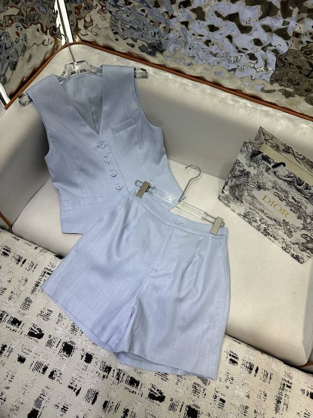 dior *2025 New Vest Shorts Suit Original Fabric Edging Button Design Linen Ma