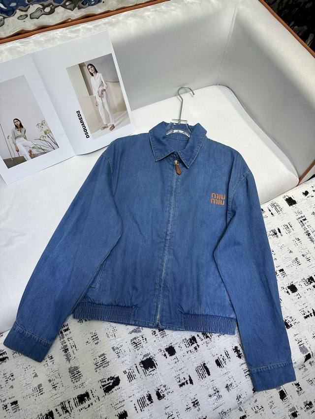 miumi* 25Ss New Denim Jacket With Letters And Leather Decoration, Simple And