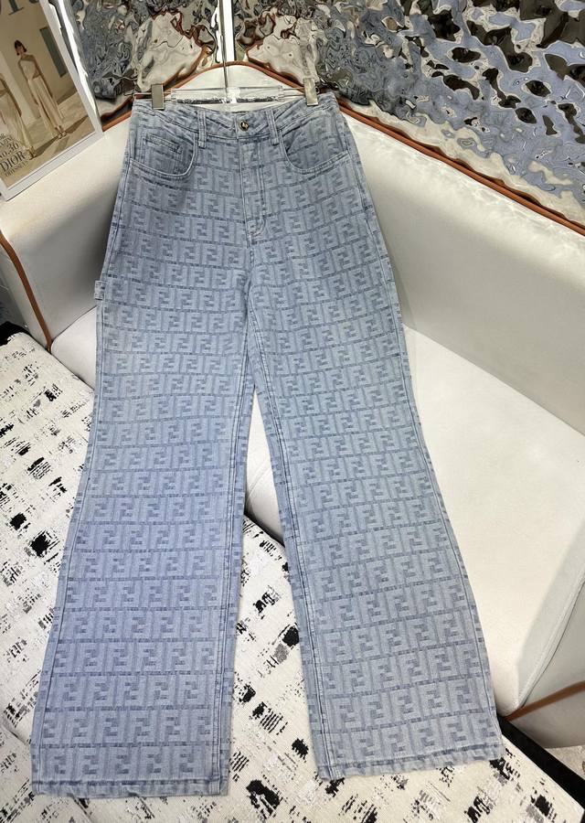 fendi*2025 New Summer Denim Straight Trousers Overall Denim Jacquard Fabric B