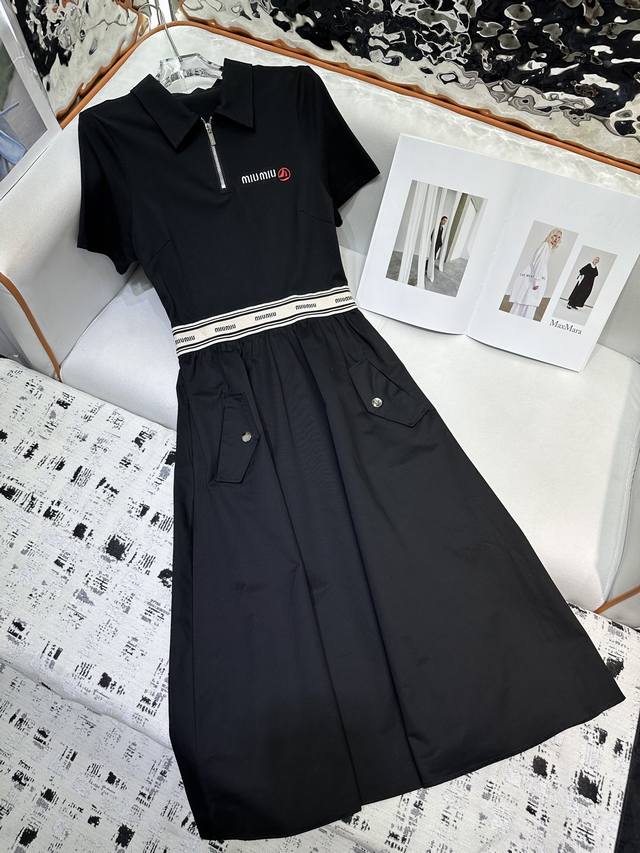 miumi* 25Ss New Lapel Dress With Letter Embroidery And Letter Ribbon Decorati