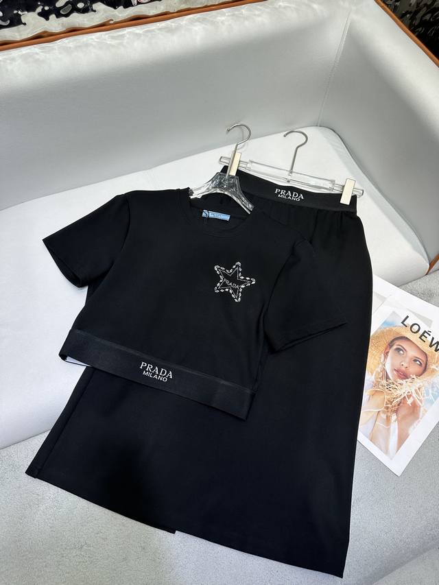 prad* 25Ss New T-Shirt Skirt Suit Five-Pointed Star Pattern Hot Diamond Lette