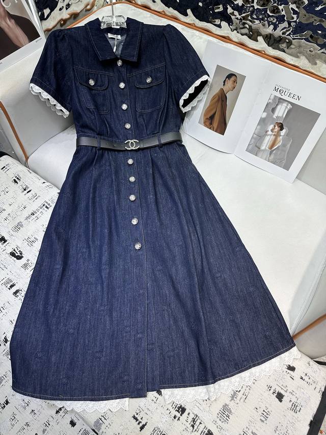 chane* 25Ss New Denim Dress With Lace Trim At Cuffs And Hems, Matching Belt,