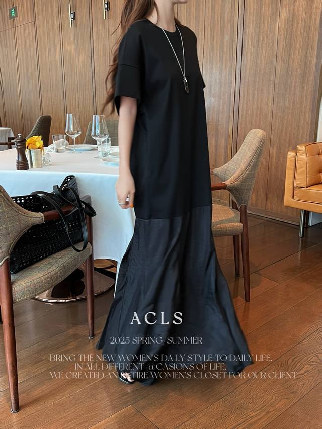 viktoria Chan Fishtail Stitching Dress Round Neck Drop Shoulder Sleeves Singl