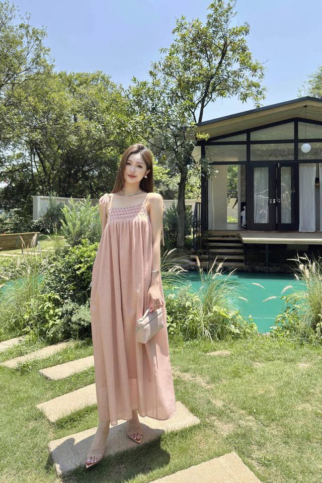 New Summer Style Designer Style Gentle Shrimp Pink Ramie Suspender Dress With Th