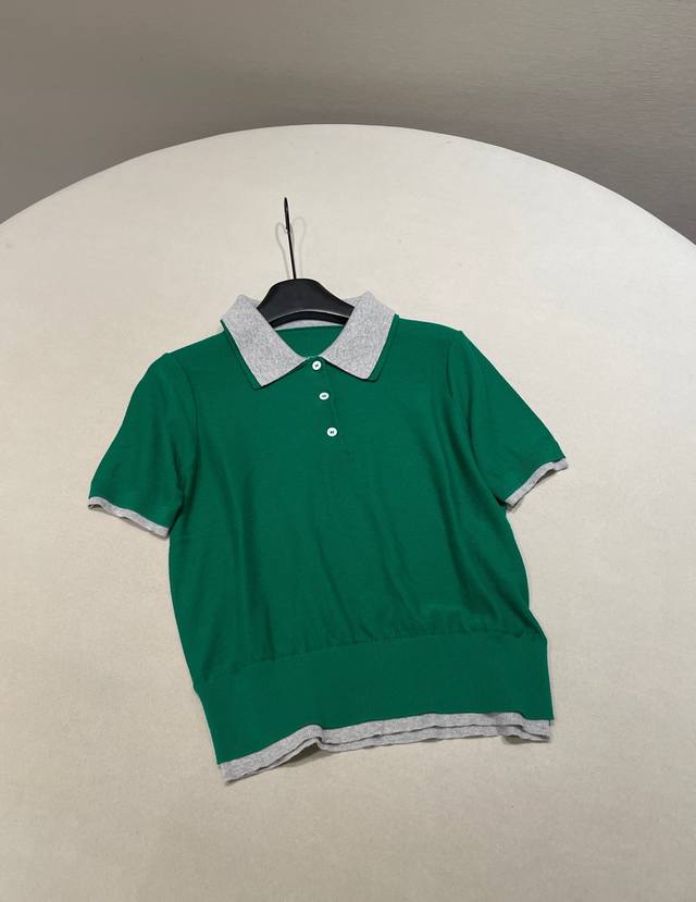 Size 36 38 40 Miumi* Women's Emerald Green And Grey Lapel Short Sleeve Polo Shir