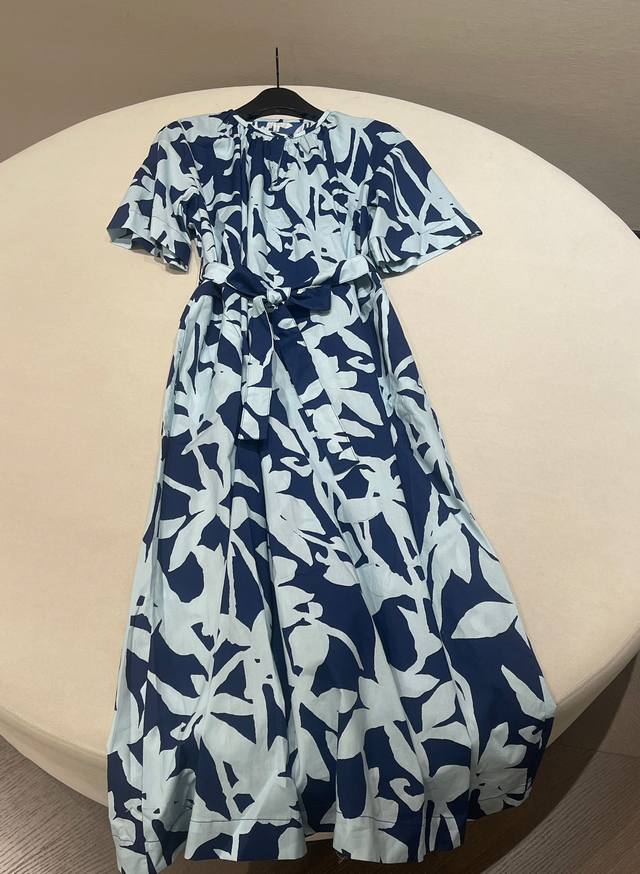 Size Sml Xiaohe's New Abstract Blue Print Short-Sleeved Mid-Length Dress Encount