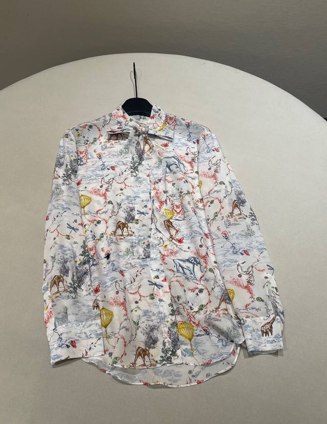 Size 36 38 40 Dio*25 New Jungle Elephant Print Ribbon Silk Shirt Made Of 100% Mu