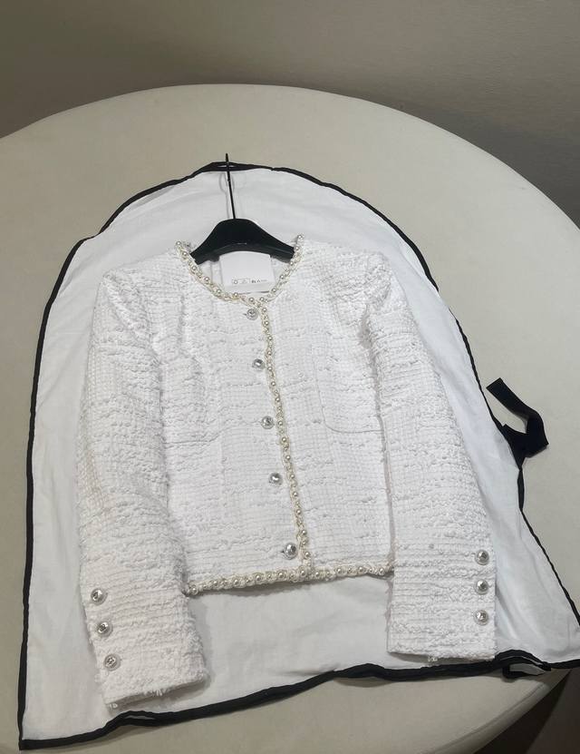 Size 36 38 40 Chane* 25P New Tweed Pearl Button Decorated White Moonlight Jacket