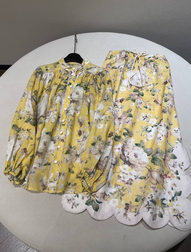 Top Skirt Size Sml Zimmermann Ramie Acacia Print Scalloped Hem Shirt + Skirt Set