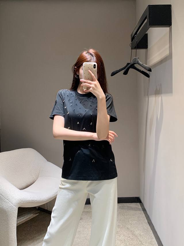moncl*R 25Ss New Spring And Summer Hand-Beaded Cotton Round Neck Short-Sleeve