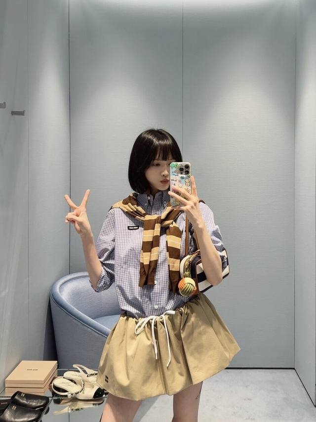 miumi* 25Ss New Spring And Summer Logo Blue Plaid Button-Down Shirt | Exclusi