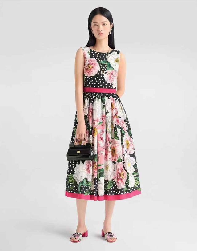 dg Black Polka Dot Peony Cotton Waisted Backless Dress Smlxlxxl