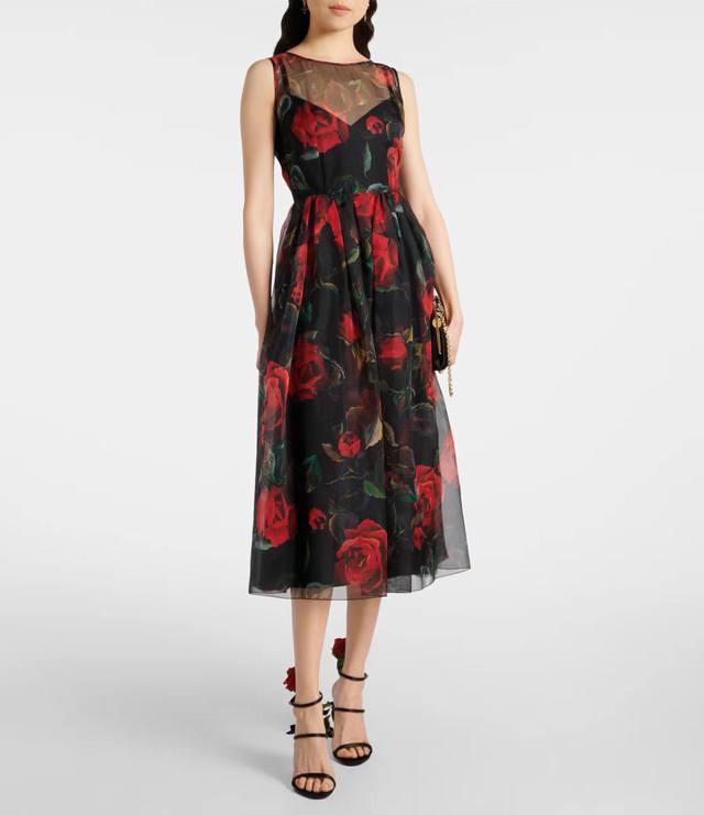 Black Bottom Red Rose 10 Momme Silk Chiffon Vest Dress Smlxlxxl
