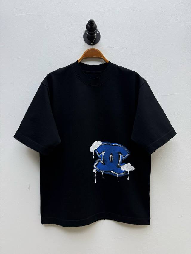 cha Hand-Painted Summer Blue Round Neck T-Shirt From Oem Factory P Spring And
