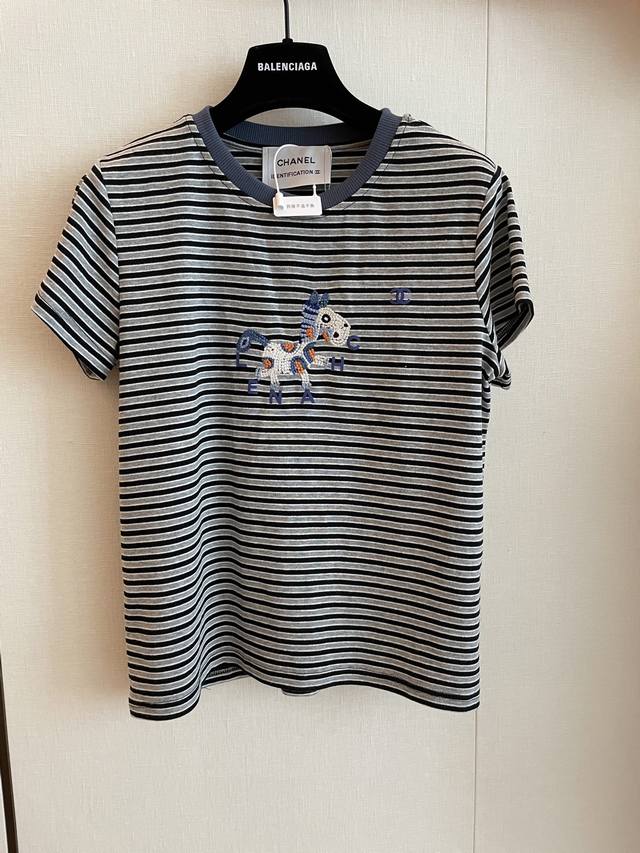 cc Chane New Embroidered Short Sleeves Striped Contrast Pony Embroidered Shir