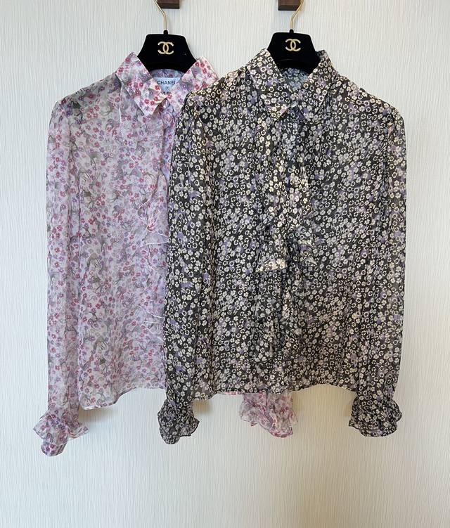 chan*2025 New Style Floral Ruffle Chiffon Long-Sleeved Shirt Silk Fabric With