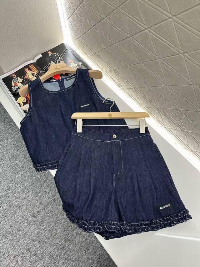 17740# Set Miumi*2025 New Denim Lace Vest Shorts Set Customized Yb Twill Cott