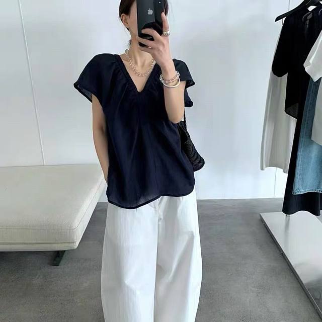 Tops New Hot Style Linen All-Match Tops With Flying Sleeves, V-Neck, Hand-Pleate