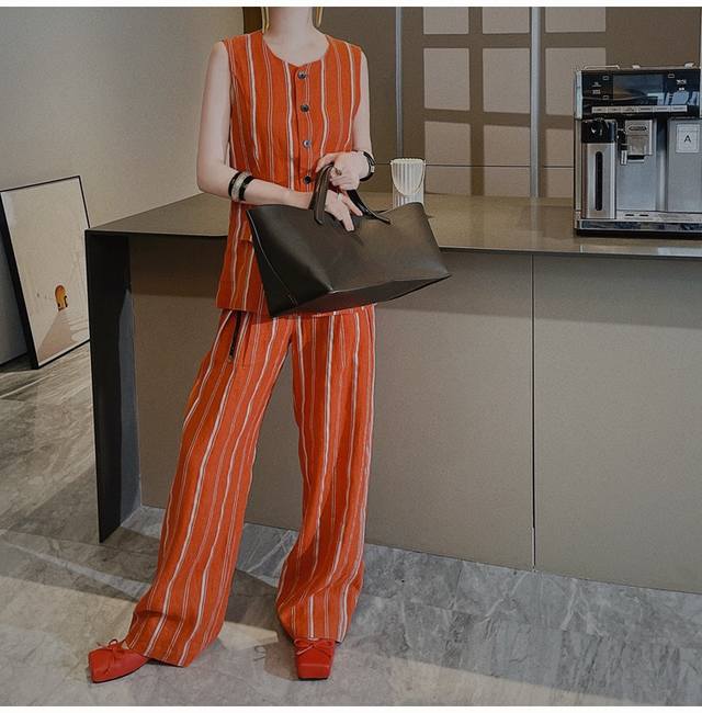 Suit European Station 25 Summer New Fashion V-Neck Stripes 100% Linen Vest + Hig