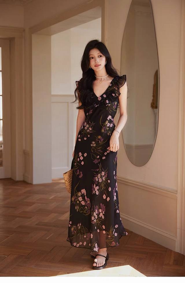 Dress New Summer Floral Print Dress With Lotus Leaf Collar, Long Dress For Women