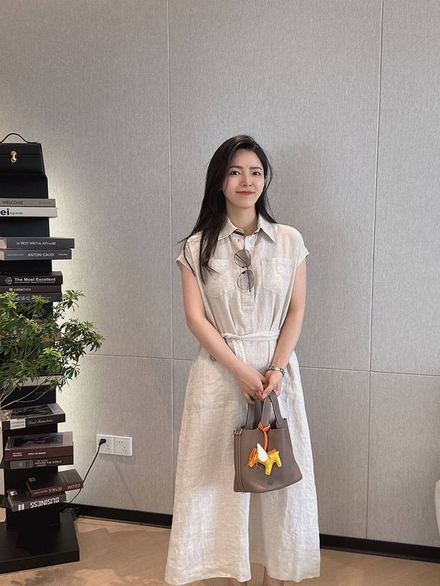 Dress Bc Linen Shirt Collar Double Pockets Tie Waist Slim Temperament Commuter D