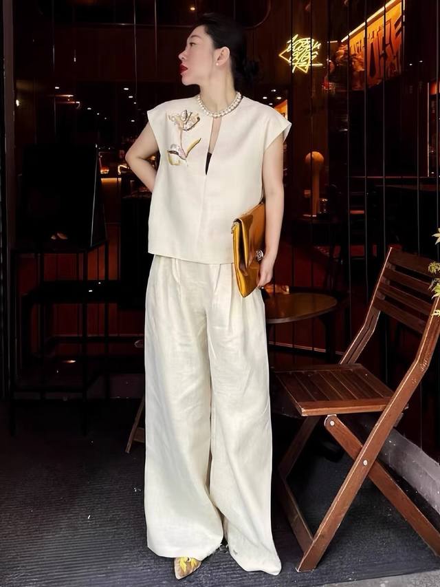 Suit High-End Fashion Heavy Beaded Embroidery Linen Suit Design Sense Old Money