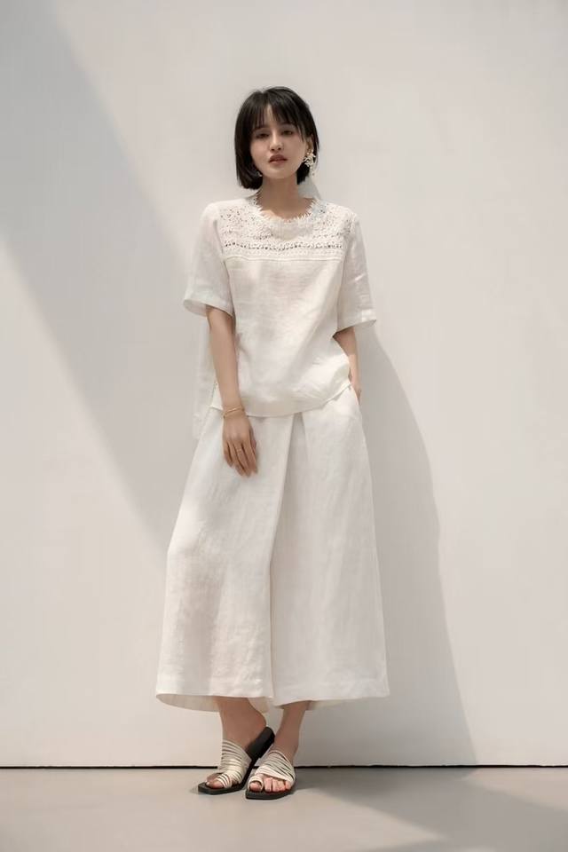 Suit Yimeng Fusheng Heavy Industry Lace 100% Linen Half Sleeve Shirt Loose Round