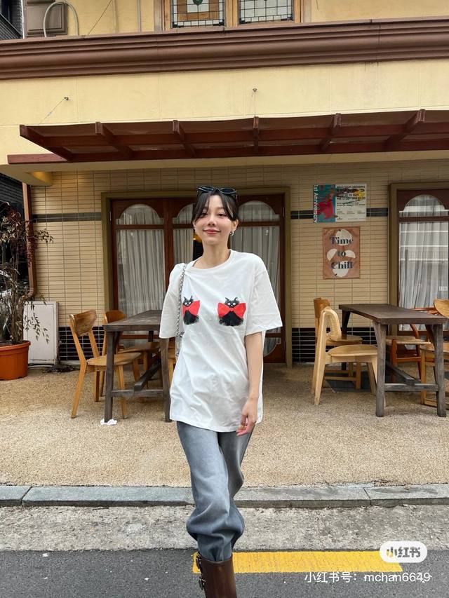 ronron Korean Trendy Brand Butterfly Foam Printing Simple Short Sleeves Color