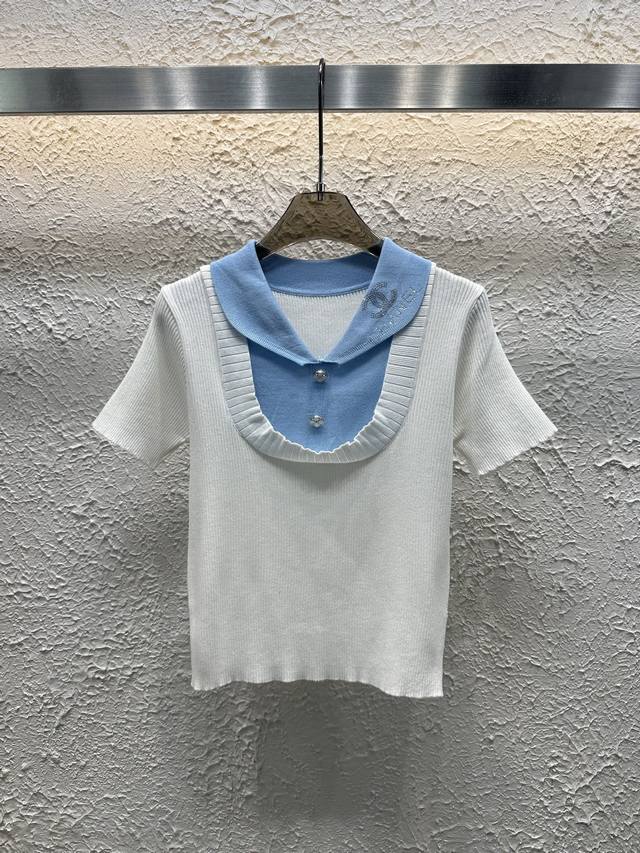 New Style No.:82616 Chane 25 Summer New Lapel Color Matching Fake Two-Piece Knit