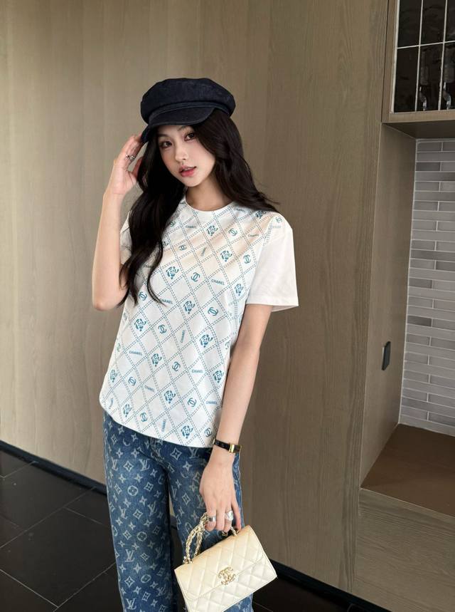 31610# Chanel Style Printed Short-Sleeved T-Shirt With Delicate Texture And S