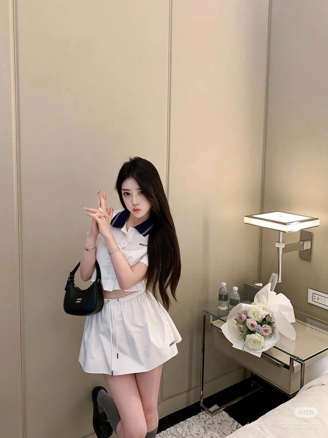 miumi* Zhang Yuanying's Same Suit With Letter Logo Embroidery, Navy Style Lap