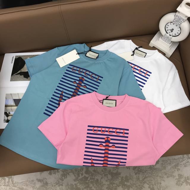 New Customization S, M, L Gucc** Striped Anchor Pattern Round Neck Short Sleeve
