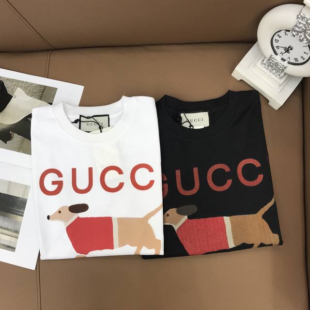 New Product Customization S, M, L Gucc**Dog Letter Pattern Round Neck Short Slee
