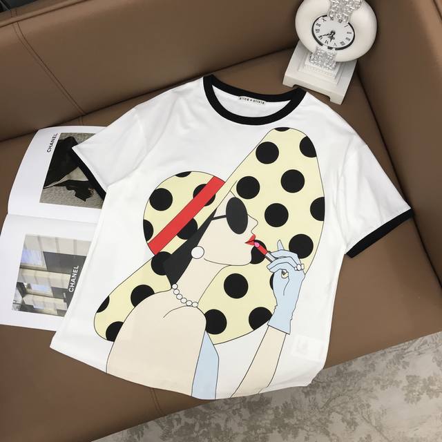 New Custom Sml Alice** Niche Contrast Color Polka Dot Lipstick Girl Round Neck S