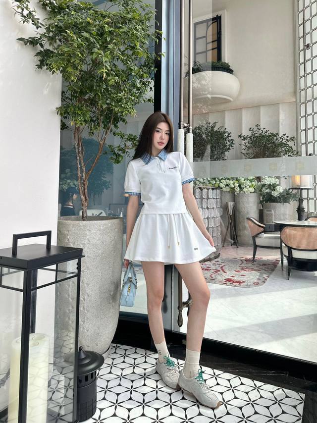 Suit Miumi* Plaid Splicing Lapel Short-Sleeved Skirt Suit With Embroidered Lette