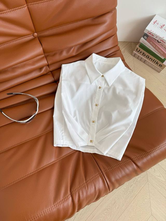 17693# Celin*25Ss New Arc De Triomphe Metal Button Wide Shoulder Shirt A Smal