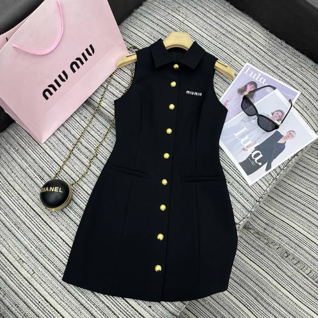 17668# Miu 25 Spring And Summer New Style Lapel Sleeveless Dress Custom Butto