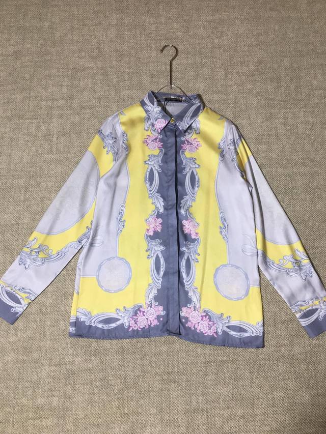 versace Versace Gray And Yellow Bow Baroque Print Long-Sleeved Lapel Shirt Sm