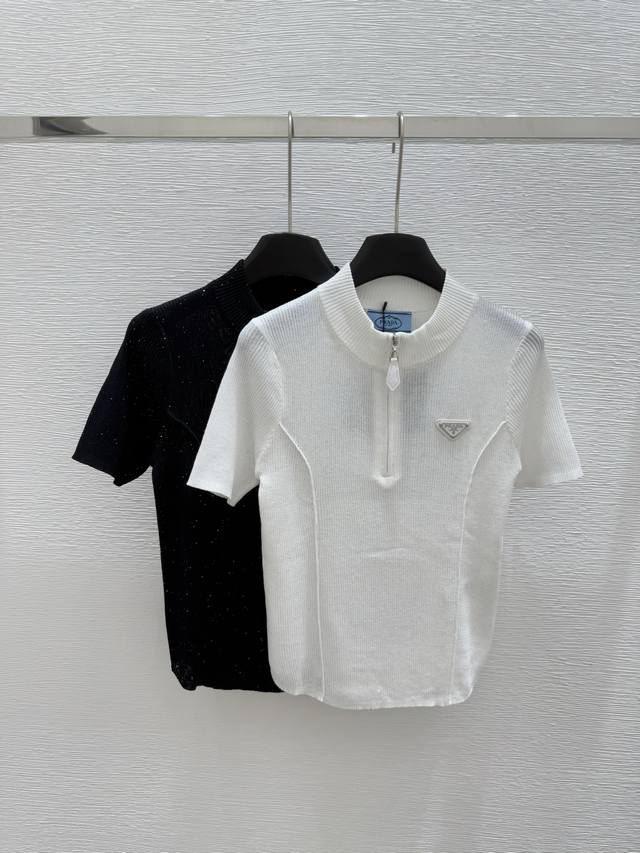 p Early Spring New Round Neck Zipper Knitted Short Sleeve Color White Black S