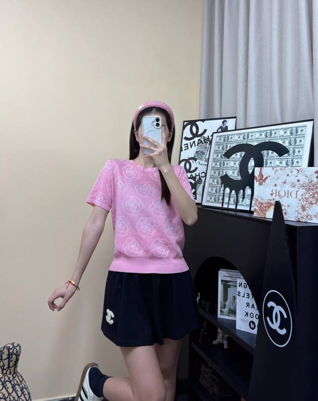 ch Early Spring New Round Neck Printed Knitted Short Sleeve Color Pink Blue R