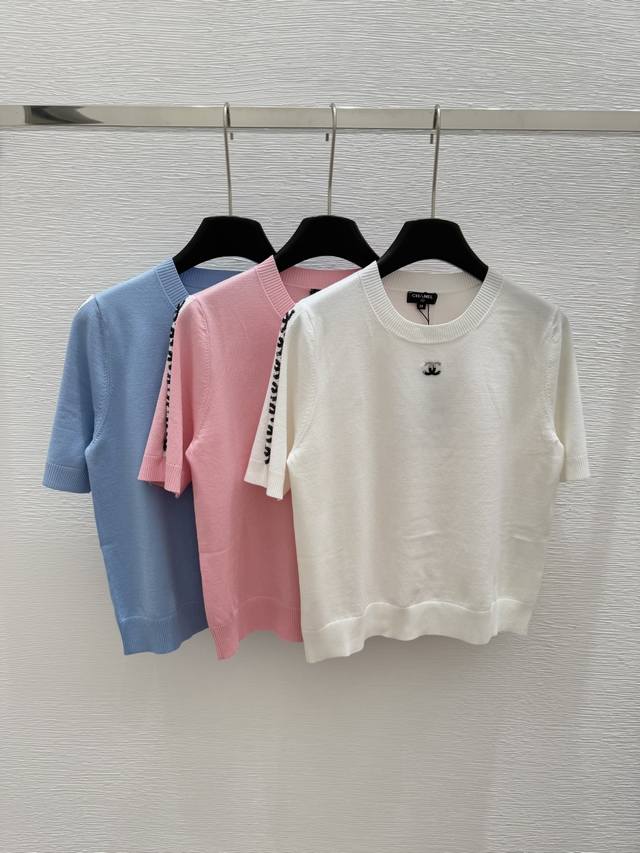 ch Early Spring New Round Neck Knitted Short Sleeve Color White Pink Blue Siz