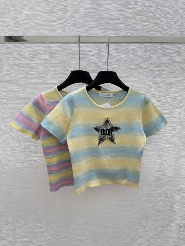 d Early Spring New Round Neck Contrast Striped Knitted Short Sleeve Color Blu